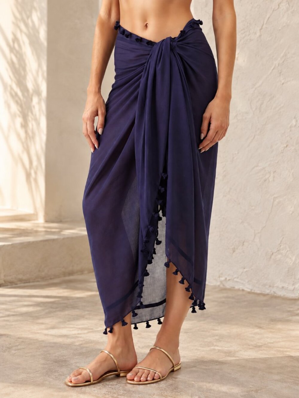 MELISSA ODABASH Tassel Swim Cover-Up Pareo in Navy Designer Resortwear